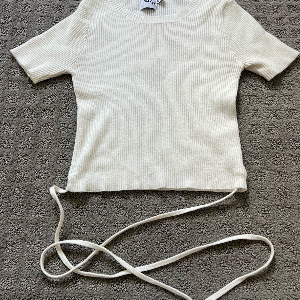 White Ribbed Knit Top with Tie Detail